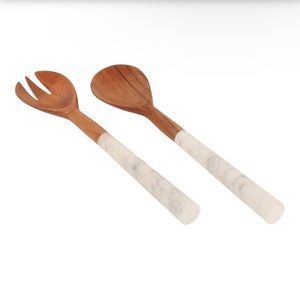 Natural Marble and Wood Salad Server Cutlery Set